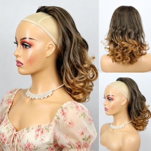 16 Inch Yaki Drawstring Ponytail for Black Women Ombre Blonde Synthetic Straight Ponytail with Curly End (1BT30)