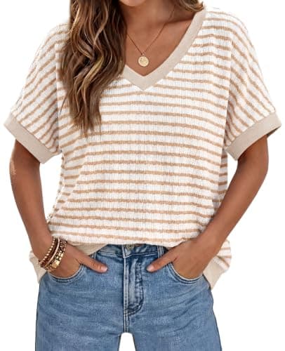 Tankaneo Womens Oversized V Neck Striped Sweaters Cap Short Sleeve Color Block Pullover Tops Trendy Casual Knit Shirts Apricot - Image 1