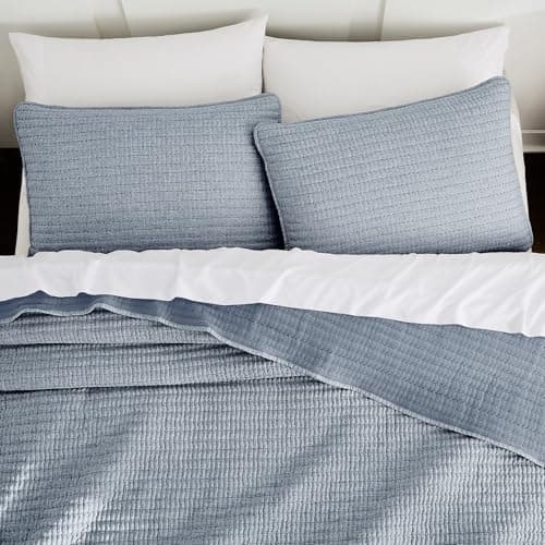 Chambray Pick Stitch Oversized King Size Quilt Set, California King Striped Lightweight Soft Summer Spring Bedspread, Bamboo Linen Like Textured Coverlet, Chambray Farmhouse Country Rustic Bedding