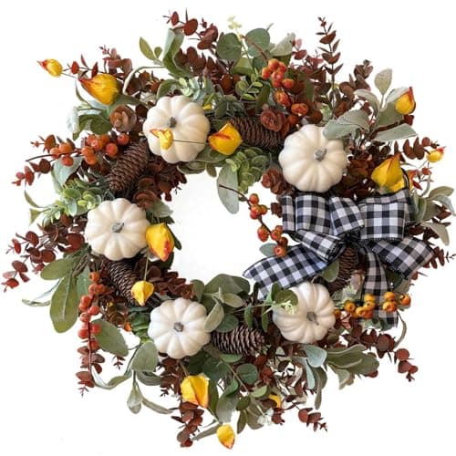 WANNA-CUL 24 inch Large Farmhouse Fall Wreath Decor for Front Door with White Pumpkin,Cotton,Lamb's Ear and Eucalyptus Leaves,Harvest Door Wreath for Autumn or Thanksgiving Decorations - Image 1