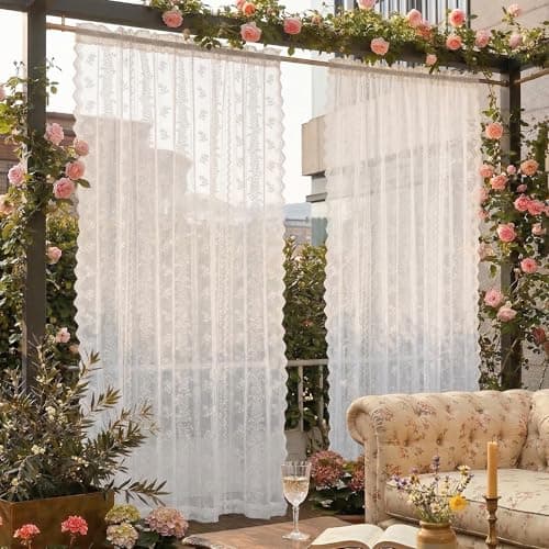 NICETOWN Outdoor Sheer Curtains for Patio Waterproof, White Lace Drapes for Porch Pergola, Gazebo Chic Decor with Lily of the Valley Striped Wave Edge, Rod Pocket Top, 2 Panels, W54 x L84 in - Image 1