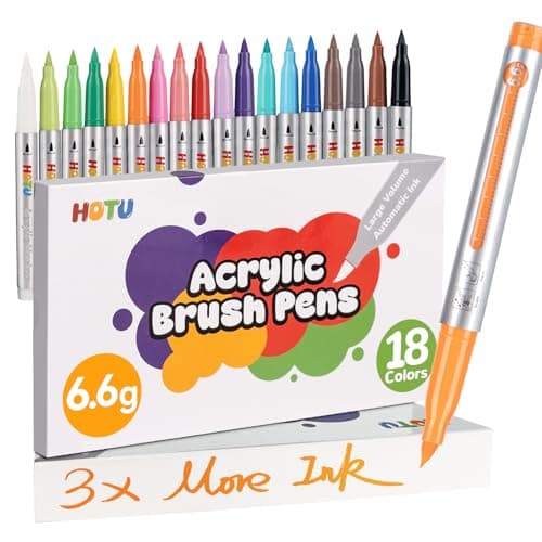 HOTU Long Lasting Acrylic Paint Markers Brush Tip 18 Colors, Automatic Ink Control Acrylic Markers for Adults Coloring Book No bleeding, Paint Pens for Rock Painting Fabric Wood Eggs DIY Crafts - Image 1