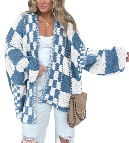 BTFBM Casual Cardigan Sweater for Women Fall 2025 Long Sleeve Open Front Chunky Knit Sweaters Checkered Outwear Coat(Grey Blue,Medium) - Image 1