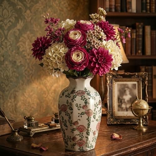 SJIE Vintage Ceramic Vase - 9 Inch Hand-Painted Roses with Ice Crackle Glaze Finish, American Farmhouse Style Pitcher Vase for Home Decor, Centerpiece, Shelf, Table, Office, Rustic Wedding Gift - Image 1