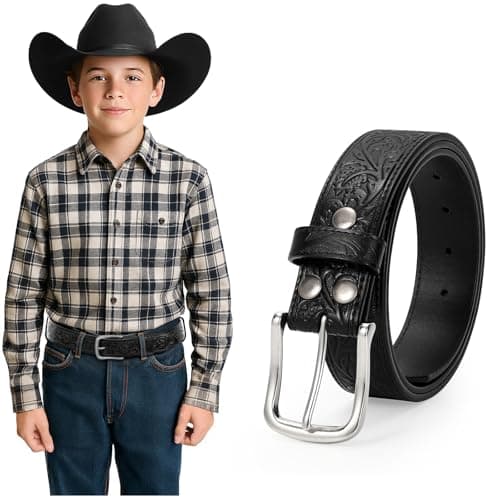 UpFind Boys Western Leather Belt Engraved Kids Cowboy Belt with Pin Buckle for Jeans Pant School Uniform Dress Up, 1.5" Wide - Image 1