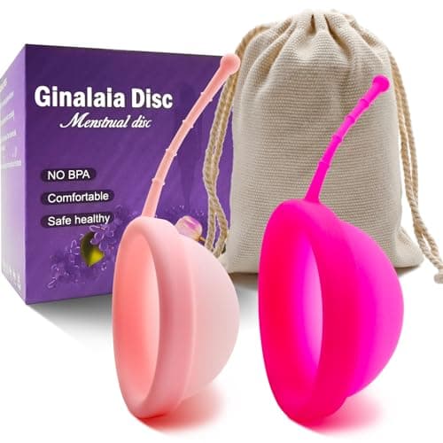 Ginalaia Reusable Menstrual Disc, Ultra-Soft Medical-Grade Silicone Period Disc for Women Wear 12 Hours 2 Size for Light & Heavy Flow Removal String (Red+Pink, L+S)