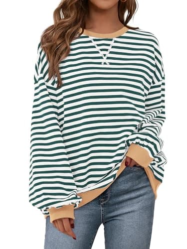 PRETTYGARDEN Women Classic Striped Oversized Crewneck People Dupes Color Block Long Sleeve Casual Sweatshirt Loose Pullover (Green White, X-Small) - Image 1