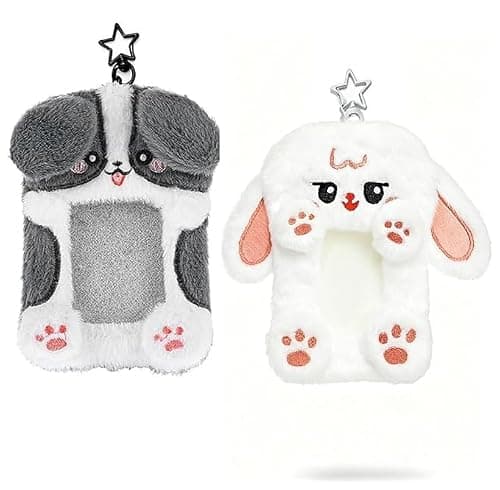 DegoCyhton Photocard Holder, Kpop Photo Card Keychain, 2 Pack 3 Inch, Clear PVC Window, Anti-Shed Plush Design, 360 Rotating Hook, for Teen Girls Student Campus Backpack Pendant & Card Protection