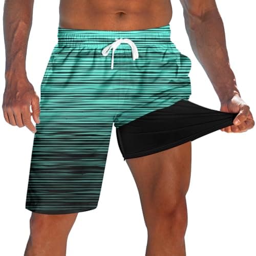 Compression Liner Board Shorts Men's Novelty 9 Inch Man Swim Trunks Black Green Striped Swimming Surfing Beach Shorts Quick Dry Lightweight Swimsuits Travel Sports Shorts with Pockets XXL - Image 1