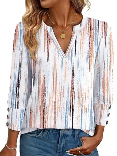 NORACORA Womens Tops 3/4 Sleeve Printed Dressy Casual Blouses for Women V Neck T Shirts Beach Vacation Boho Floral Spring Summer Outfits Brown-Blue Stripes XXL - Image 1