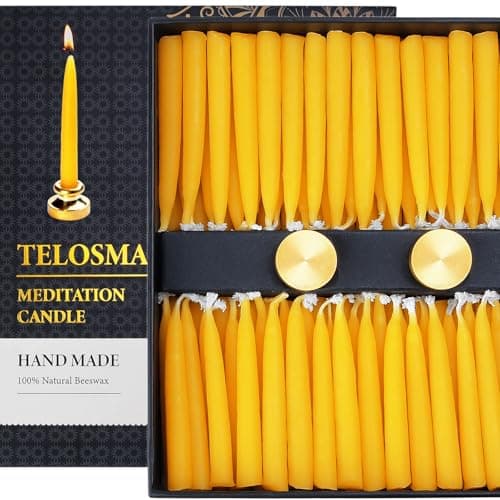 100-Pack Pure Beeswax Meditation Candles –20 Minute Bees Wax Candles, 0.28 inch Thin Mini Taper Candle, Relaxation Candles for Prayer, Yoga, Spiritual Practices – Includes 2 Holders – Yellow - Image 1