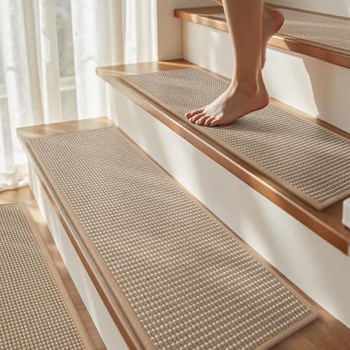 Peel and Stick Stair Treads for Wooden Steps Indoor, Stair-Carpet Treads Washable Reusable Adhesive,Stair-Treads Non Slip 4PC, Beige - Image 1