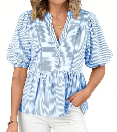 dowerme Womens Summer Tops 2026 Fashion Lantern Short Sleeve V Neck Button Peplum Shirts Spring Stripes Babydoll Blouses(Light Blue,Small) - Image 1