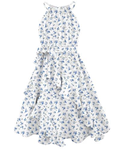 HOZIY Girls Summer Dress Kids Spring Easter Sleeveless Halter Dresses Tie Back School Casual Party Sundresses Size 6-7 White Blue Floral - Image 1