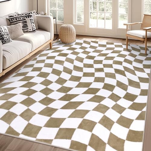 Yamaziot 6x9 Large Checkered Area Rug, Non-Slip Soft Washable Living Room Rug with Rubber Backing, Low Pile Rug Floor Carpet for Dinning Room, Bedroom, Beige Brown - Image 1