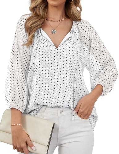 TELULYOO Dressy Blouses for Women Chiffon 3/4 Sleeve Top Casual Business Elegant Polka Dot Bow Tie Neck Work Shirt White - Image 1