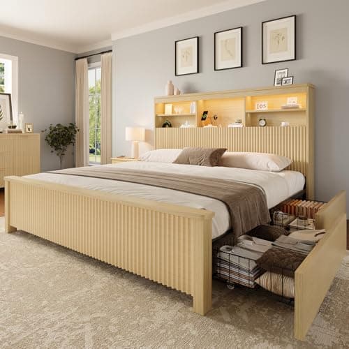 Uteeran Queen Size Bed Frame and Tall Headboard & Storage, Metal Platform Bed Frame with 4 Storage Drawers, Queen Bed Frame with LED Lights & Charging Ports, No Box Spring Needed, Noise-Free, Natural