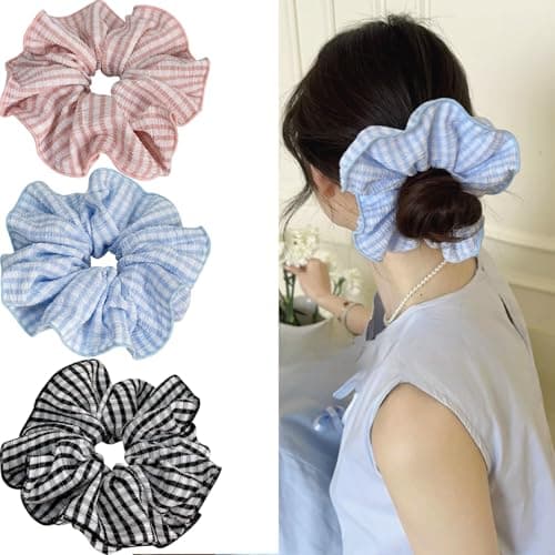 Jseng 3PCS Large Gingham Scrunchies for Hair, Sweet Hair Ties, Beige and Black - Image 1