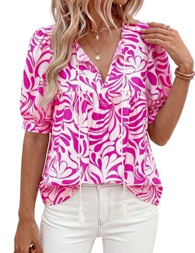 PRETTYGARDEN Womens Summer Boho Tops 2026 Tie Front V Neck Print Loose Fit Short Sleeve Peasant Blouses Vacation Outfits(Rose Red Flower,Small) - Image 1