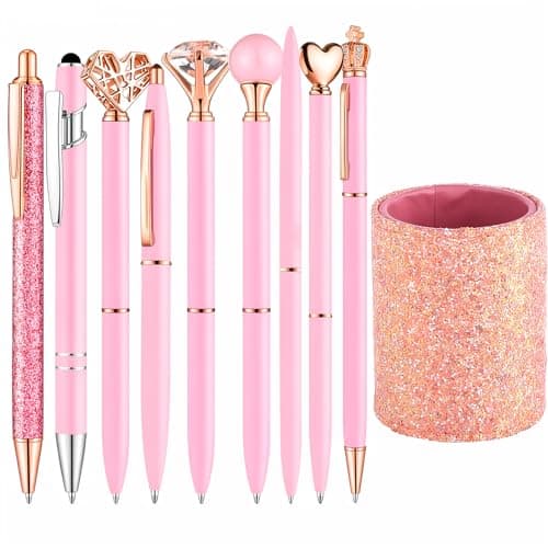 BESARTE 9 Pink Ballpoint Pens with PU Leather Holder, Black Ink - Image 1