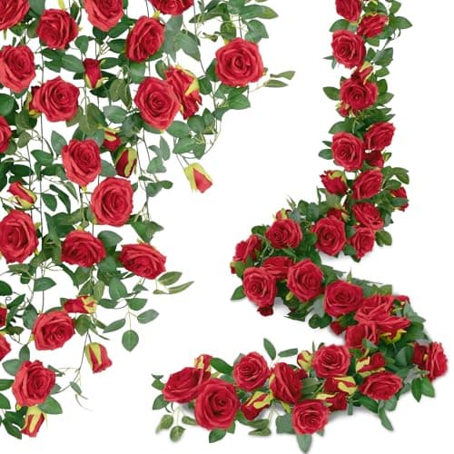 U'Artlines 3 Pack Artificial Red Rose Vines Floral Garlands Total 19.5 Ft Fake Vine Silk Flower Garland for Indoor Outdoor Home Wedding Arch Garden Wall Decoration - Image 1