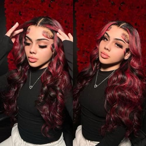 Red And Black Highlight Glueless Wigs Human Hair Ombre Body Wave Red Burgundy 9x6 Lace Front Colored Wigs Human Hair 9x6 HD Highlight Lace Frontal Wigs 200 Density Pre Plucked For Women 30 Inch