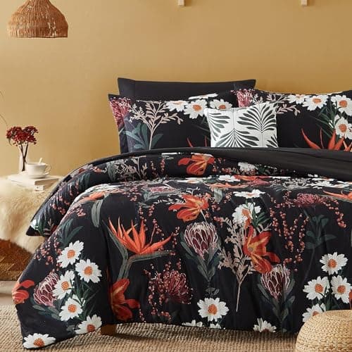 CASAAGUSTO Full Comforter Set, 7 PCS Black Shore Floral Comforter Set with Flowers Leaves Pattern, Soft Seersucker Design All Season Queen Size Bedding Set with Decor Pillow (80"X90") - Image 1
