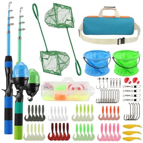 Kids Fishing Rod Reel Combo 4.92FT 2PCS Telescopic Kids Fishing Pole Spincast Reel with Accessories Ultralight Fishing Tackle Starter Kit Kids Fishing Pole for Boys Girls Toddlers (Green&Blue) - Image 1