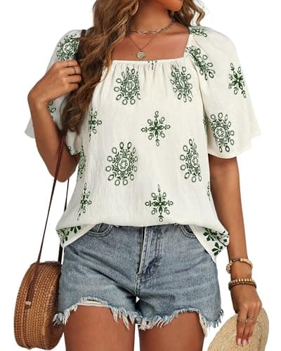 IEEILULU Womens Summer Boho Tops Square Collar Floral Print Loose Fit Blouses Tunic Casual Beach Vacation Shirts White Green XL - Image 1