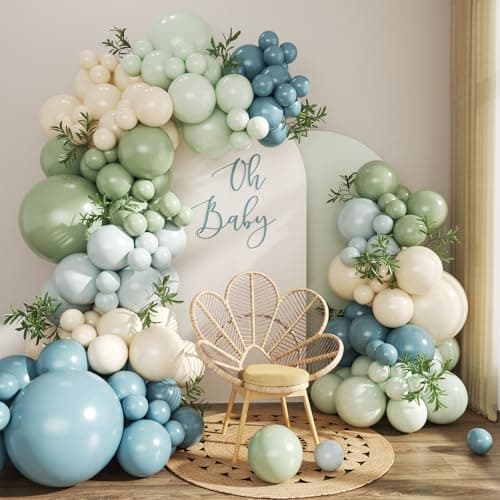 Sage Green Dusty Blue Balloon Arch Kit 124Pcs blue Green Light Green Sand White Balloons for Baby Shower Bridal Shower Anniversary Birthday Party Decorations - Image 1
