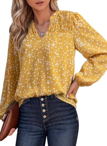 Dokotoo Womens Tops Spring Summer Blouses Boho Long Sleeve Shirts for Women Button Down V Neck Drawstring Babydoll Smocked Business Casual Outfits Ladies Elegant Blouses Plus Size Clothes Yellow XXL - Image 1