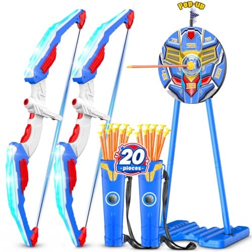 2 Pack Kids Bow and Arrow, LED Light Up Archery Toy Set with 20 Suction Cup Arrows, Standing Target & Arrow Case,Kids Indoor and Outdoor Toys Birthday Gifts Ideas for 3 4 5 6 7 8 9 10 11 12 Year Boys
