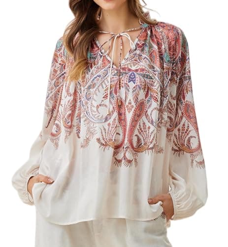 Women's 2026 Casual Loose Fit Lightweight Summer Fall Balloon Sleeve Boho Paisley Print Blouse Peasant Tie Neck Gypsy Style Top Ladies Vintage Bohemain Shift Shirt Blouse for Vocation Travel - Image 1