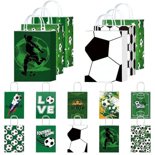 MAMA EVE Soccer Party Favor Bags, 12 Pcs Soccer Themed Party Gift Bags with Handles, Paper Gift Bags Soccer Goodie Bags Treat Candy Bags for Kids Adults Soccer Party Supplies - Image 1