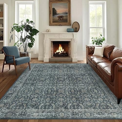 Brevonox Washable Living Room Rug: 8x10 Boho Vintage Soft Area Rug - Oriental Farmhouse Low Pile Thin Carpet for Bedroom Dining Room Home Office Decor Non-Slip Stain-Resistant - Smoky Indigo - Image 1