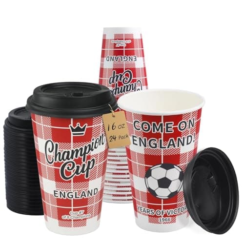 Sowinvent 16 oz Champion Cup A Salute To England, 1966 World Soccer Champion, 24 Sets Disposable Paper Party Cups with Lids for Fan Event Decorations Game-Day Festival, COME ON ENGLAND 2026 - Image 1
