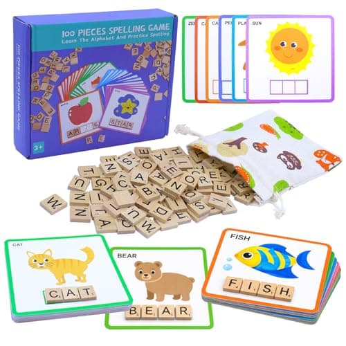Humerry Spelling Game for Kids Ages 3-8, Word Building & Sight Word Games, Phonics Learning Toy with 100 Wooden Letter Tiles & 30 Double-Sided Flashcards, Preschool Kindergarten Early Reading Game - Image 1