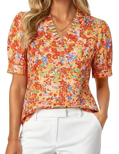 GRACE KARIN Women Boho Floral Tops, Summer Puff Short Sleeve Dressy Casual Shirts, 2026 Spring V Neck Vacation Work Blouse Orange M - Image 1