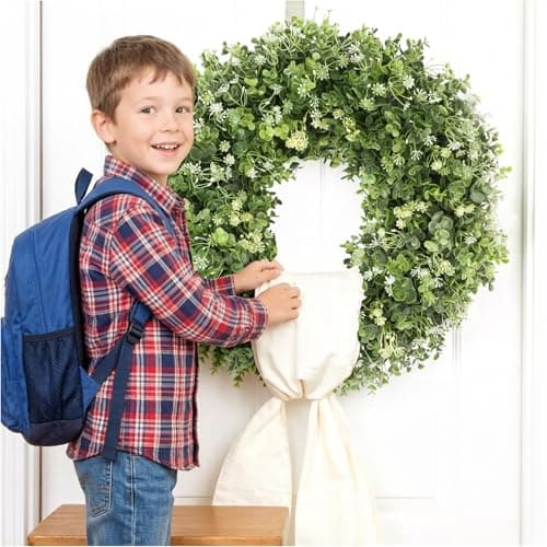 FAWDGE 20" Boxwood Wreath for Front Door - UV Resistant Artificial Green Wreath with Detachable Hello Sign & Sash, All-Season Spring or Summer Wreaths Decorative Wreath for Indoor/Outdoor Wall