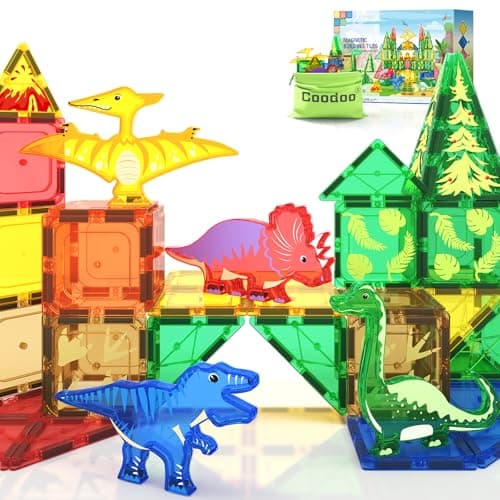 Coodoo Dinosaur Toys Magnetic Tiles - Magnet Building Blocks for Toddler Kids Toys STEM Sensory Outdoor Toy for 3+ Year Old Boys and Girls, Dinosaur World Creative Games Kids - Image 1
