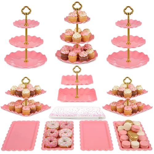 Pack of 11 NWK Cake Stand Set, with 3 x Two-Tier and 3 x Three-Tier Cupcake Stands, 4 x Appetizer Trays, 1 x Tablecloth for Birthday Bridal Baby Shower Party (Pink) - Image 1