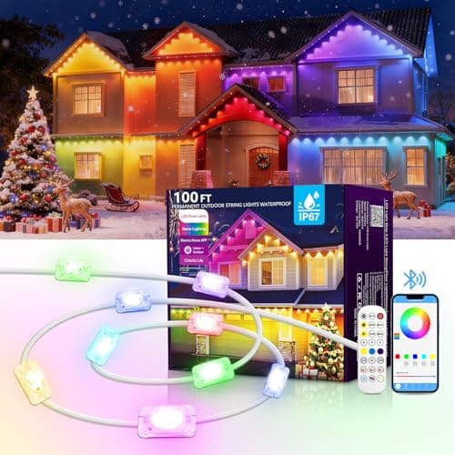 AHAWILL 100FT Christmas Permanent Outdoor Lights,RGB Eaves Lights with App & Remote Control,DIY Multi-Color Scene Modes,IP67 Waterproof,Outdoor Strings for House,Holiday Decorations for Christmas - Image 1