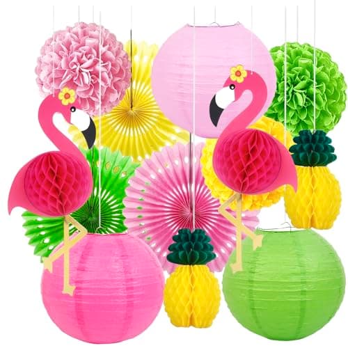 SANBUAI 13PCS Hawaiian Luau Party Decorations, Summer Pool Party Decorations, Pink Flamingo & Pineapple Honeycomb Paper Flowers, Hanging Lanterns and Fans Set for Tropical Beach Birthday - Image 1