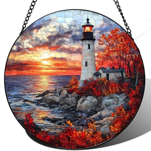 Zizzie Stained Glass Lighthouse Suncatcher - 7.9" Real Glass Coastal Ocean Sunset Window Hanging, Weatherproof Nautical Decor, Inspirational Hope Gift for Men Women Mom