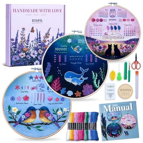 ETSPIL Beginner Embroidery Kit for Adults, 3-Pack Full-Color Stamped Animal Designs, Companionship Theme, Master 19 Stitches with 4K Step-by-Step Videos & Needle Minder, Easy Craft Gift for Teens - Image 1