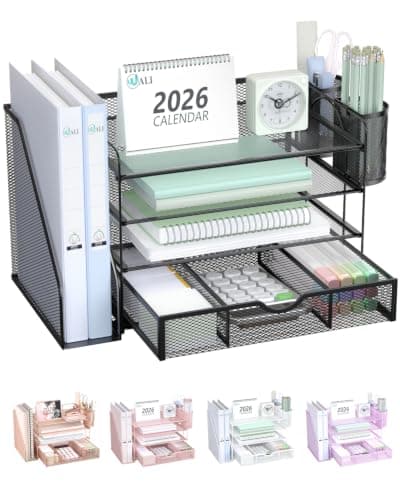 WALI Desk File Organizer, 4 Tier Desktop Paper Letter Tray Organizer with Drawer and 2 Pen Holders, Office Desk Accessories & Workspace Organizers for Office, Home Supplies(DO005DH-B), 1 Pack, Black - Image 1