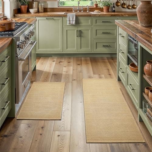MatEssenz Kitchen Rugs Set of 2, 20" x 30" + 20" x 48" Non Slip Washable Kitchen Mats for Floor, Absorbent Low Profile Sink Runner, Durable Herringbone Woven Farmhouse Rug, Khaki - Image 1