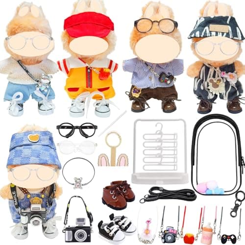 5-Set Cool Boy Clothes Bundle for Doll, Includes 5 Mini Hangs, Large Clear Display Bag with Strap Keychain, 5 Hangers and Rack, Camera, Glasses, Shoes Accessories for Dressing up(No Doll) - Image 1