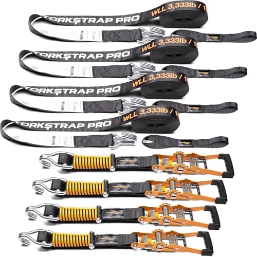 TorkStrap Pro 25' x 2'' Self Tensioning Ratchet Straps (10,000LB Break Strength) - Adjusts to Load Shifts - Heavy Duty & Industrial Use - Extra Soft Loops - Heavy UTV, Cargo, ATV, Trucks (4-Pack) - Image 1
