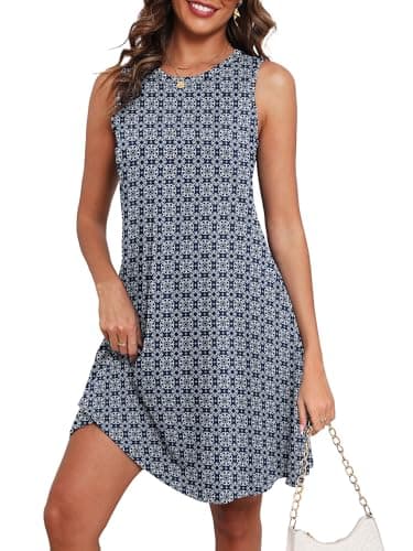 KORSIS Tanktop Summer Dress for Women Elegant T-Shirt Floral Dresses Sleeveless Swing A Line Formal Beach Sundress with Pockets Navy White Geometric XL - Image 1